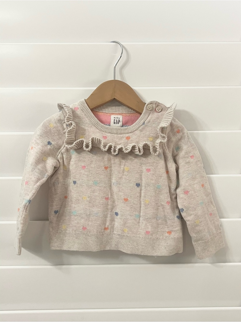 Baby GAP Oatmeal Sweater with Pastel Hearts and Ruffle 12-18M